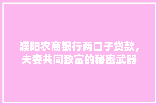 濮阳农商银行两口子贷款，夫妻共同致富的秘密武器