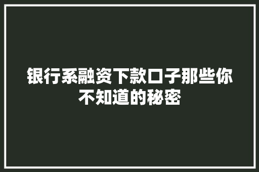 银行系融资下款口子那些你不知道的秘密