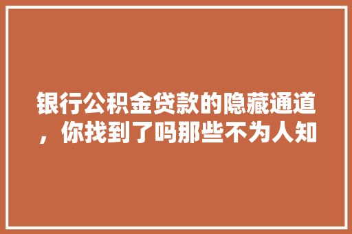 银行公积金贷款的隐藏通道，你找到了吗那些不为人知的贷款秘密