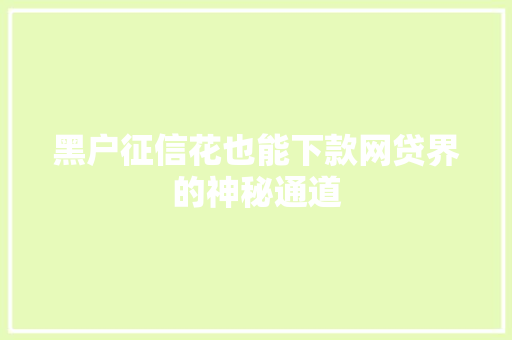 黑户征信花也能下款网贷界的神秘通道