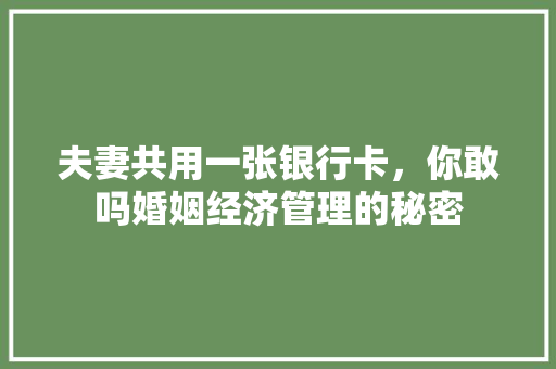 夫妻共用一张银行卡，你敢吗婚姻经济管理的秘密