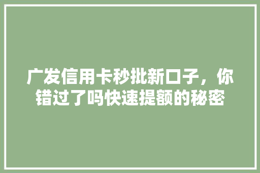 广发信用卡秒批新口子，你错过了吗快速提额的秘密