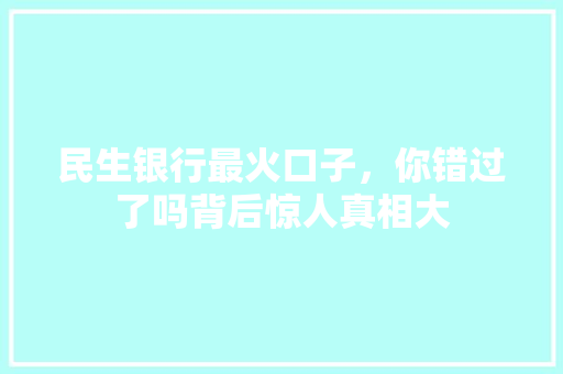 民生银行最火口子，你错过了吗背后惊人真相大