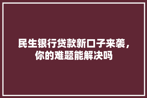民生银行贷款新口子来袭，你的难题能解决吗