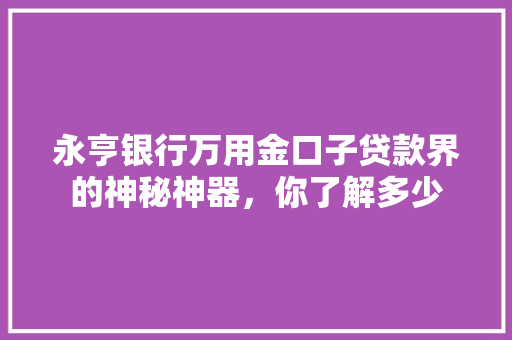 永亨银行万用金口子贷款界的神秘神器，你了解多少